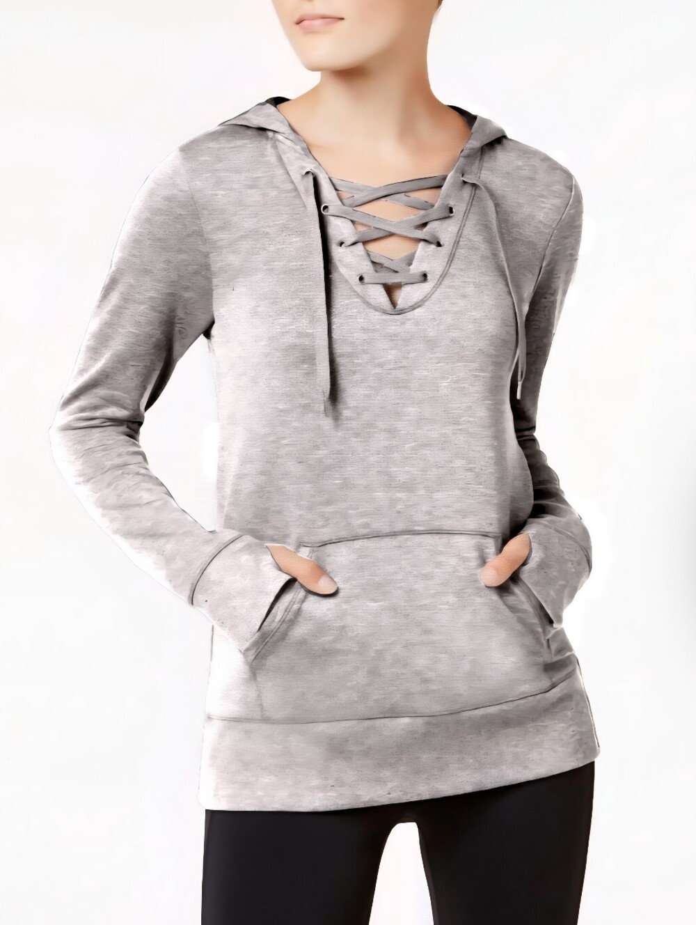 Ideology Women's Space-Dyed Lace-Up Hoodie Heather Grey Size XLarge NWT